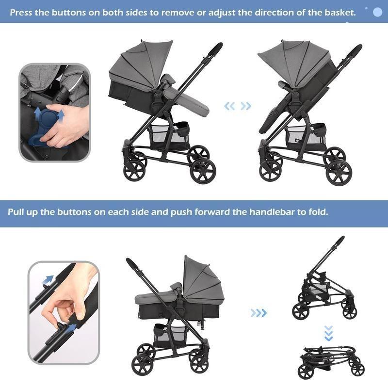 Pram 2-in-1 Travel System, Foldable Baby Pushchair with Reversible Seat, Reclinable Bassinet/Carrycot,Cover, Newborn To Toddler Stroller, Black & Grey
