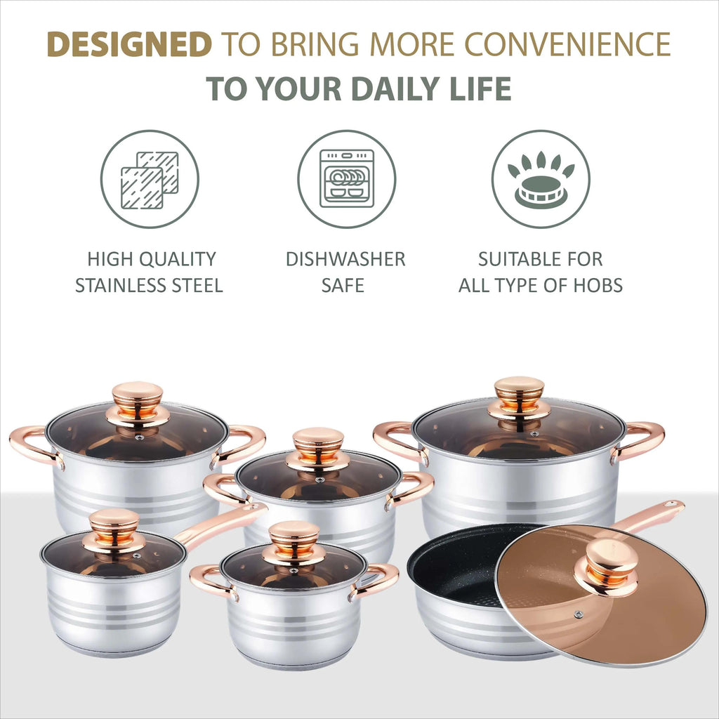 12‑Piece Stainless Steel Cookware Set with Glass Lids, Non‑Stick Casserole & Stockpot, Rose Gold Handles, Induction Compatible Kitchen Cooking Pots Set