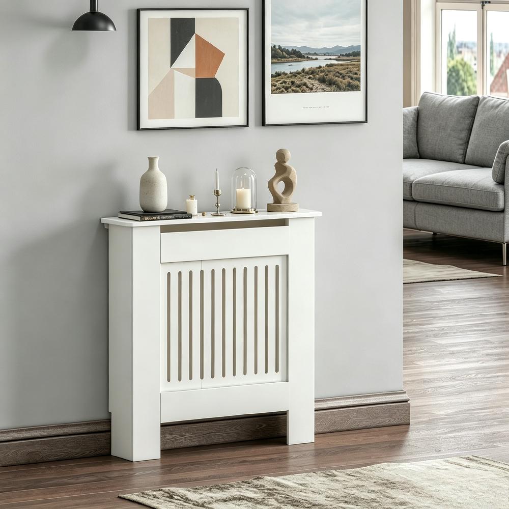 Grey Modern Radiator Cover, MDF Vertical Slat Design with Wooden Top Shelf, Stylish Cabinet for Living Room, Bedroom, and Hallway [Plus A Free Gift]