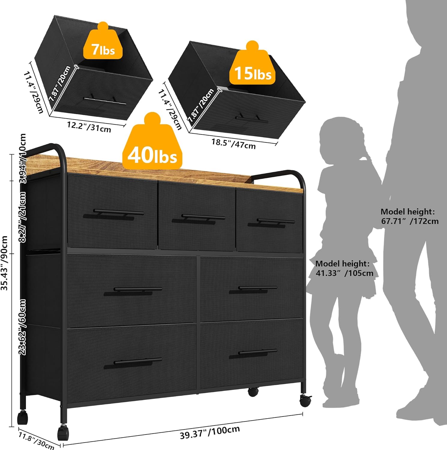 【NS】Bedroom Chest of Drawers, 7 Fabric Drawers, Clothing Storage Cabinet with 4 Castors, Wood Top and Metal Frame, for Living Room