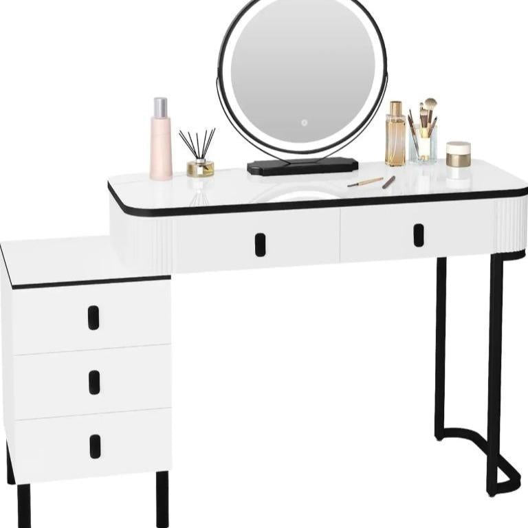 Dressing Table Vanity Desk with 3‑Colour Dimmable LED Swivel Mirror, 100×40cm Makeup Table with 5 Drawers & Removable Side Cabinet for Bedroom