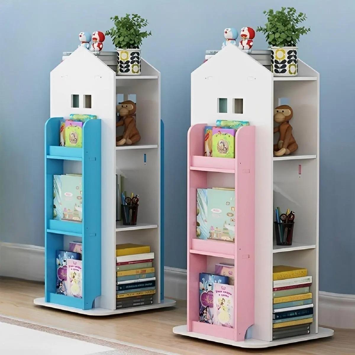3‑Colors 360° Rotating Kids Bookshelf, House‑Shaped Spinning Wooden Floor Standing Bookcase, Multi‑Functional Book Display & Toy Storage Organizer for Child’s Bedroom, Nursery, Study Room, Playroom