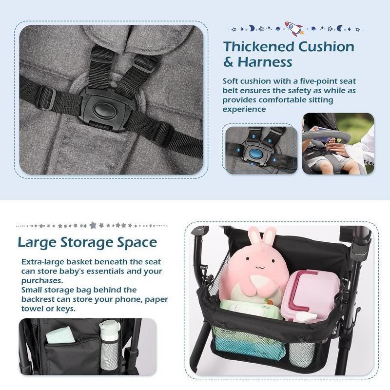 Pram 2-in-1 Travel System, Foldable Baby Pushchair with Reversible Seat, Reclinable Bassinet/Carrycot,Cover, Newborn To Toddler Stroller, Black & Grey