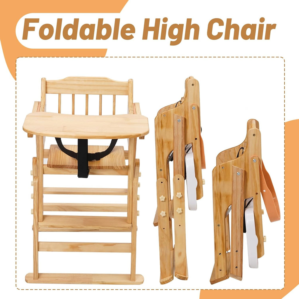 Christmas Gift! 4-in-1 Foldable Wooden High Chair for Babies & Toddlers - Adjustable Height & Footrest, Safety Harness, Detachable Easy-Clean Tray with Soft Cushion, Natural Wood Color