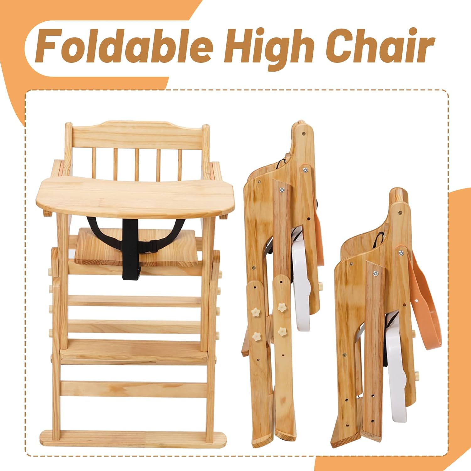 Christmas Gift! 4-in-1 Foldable Wooden High Chair for Babies & Toddlers - Adjustable Height & Footrest, Safety Harness, Detachable Easy-Clean Tray with Soft Cushion, Natural Wood Color