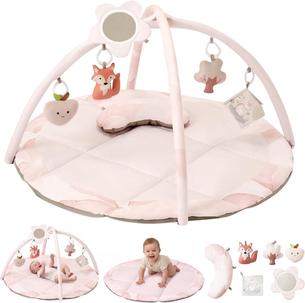 Baby Mat, Tummy Time Activity Play Mat with 5 Detachable Hanging Sensory Toys & Ergonomic Support Pillow, Foldable Machine Washable Infant Play Mat for Newborn Boys Girls 0‑12 Months for Nursery Playroom
