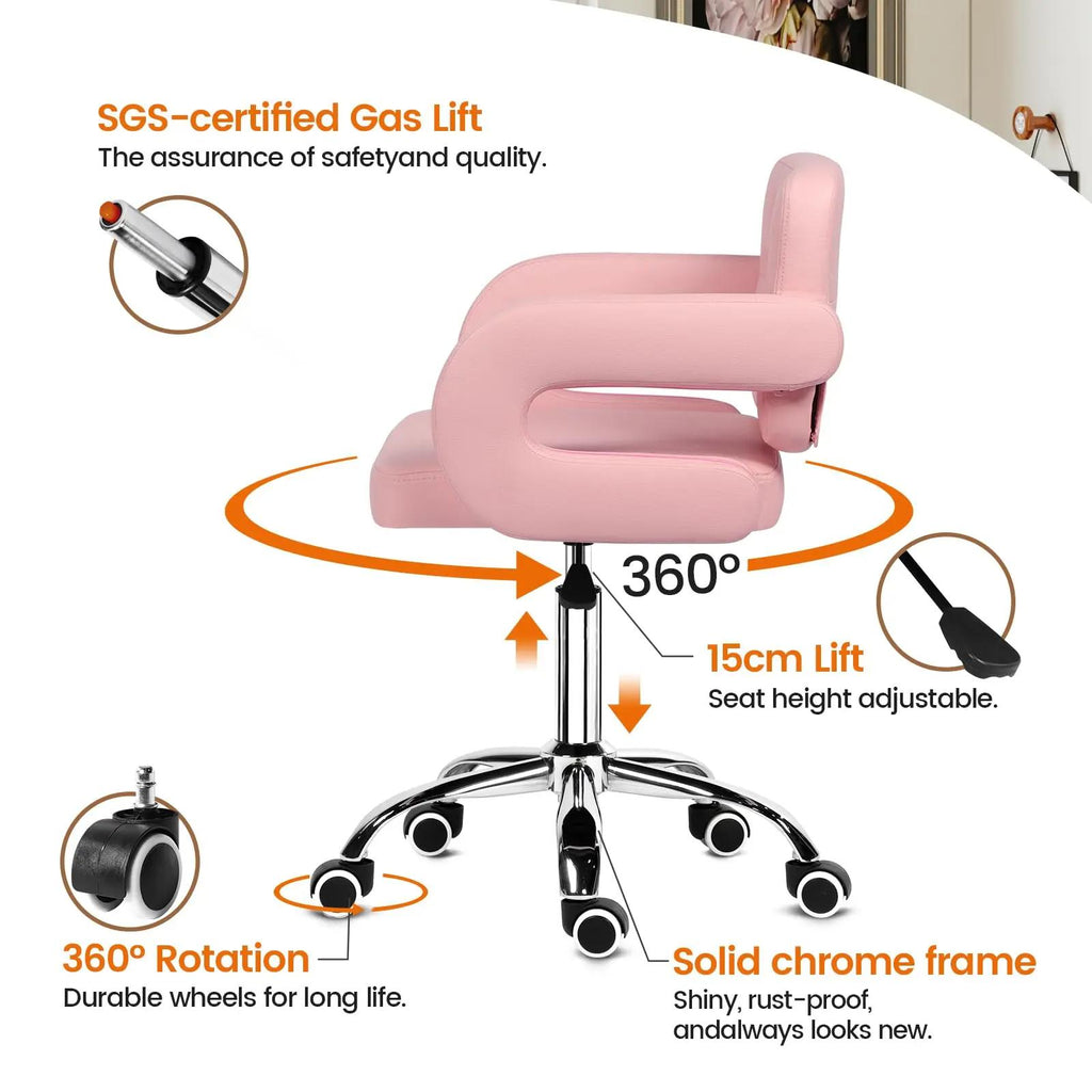 Faux Leather Swivel Office Chair, Height Adjustable Ergonomic Desk Chair, Vanity Chairs Lumbar Support and C-Armrests for Office Bedroom Living Room, Pink