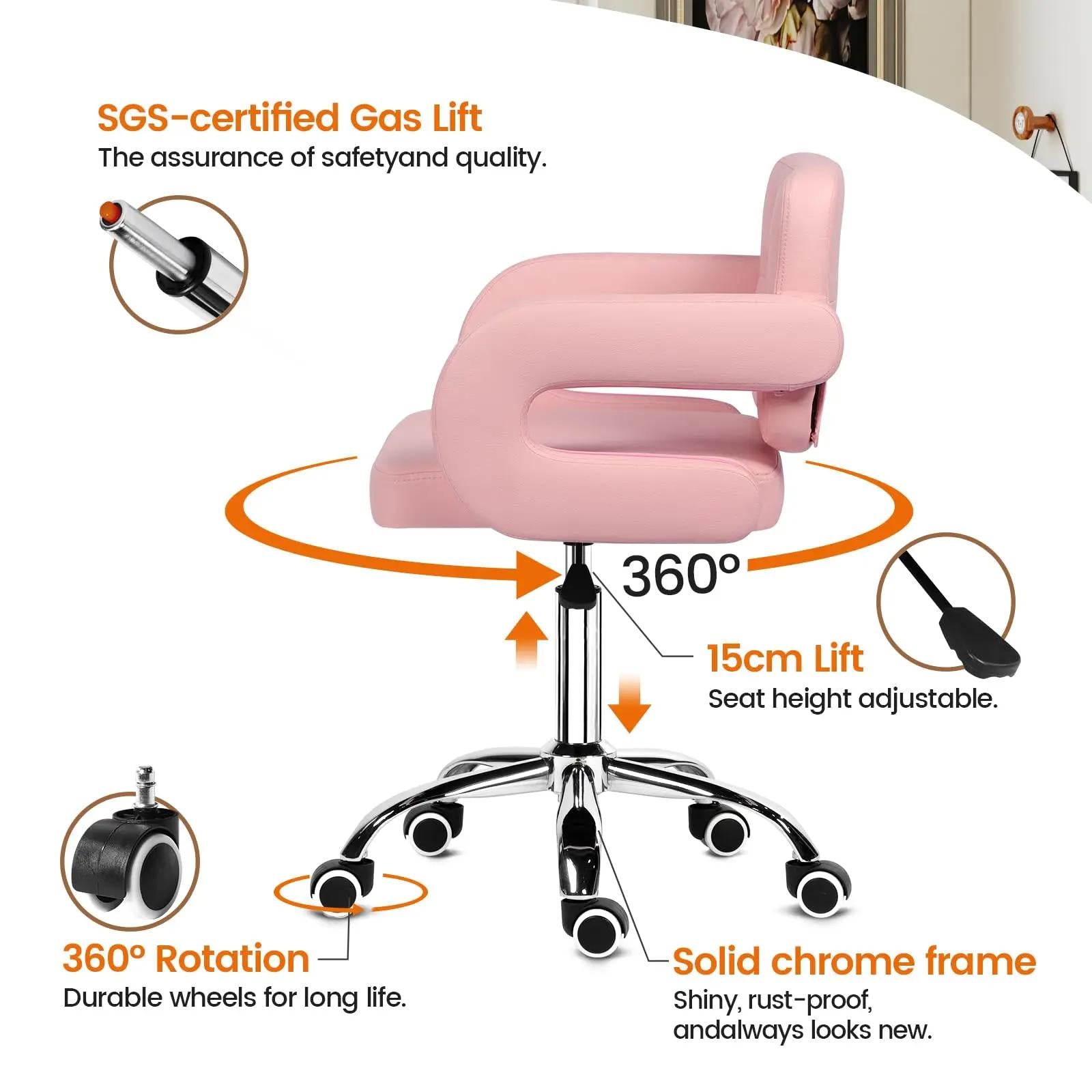 Faux Leather Swivel Office Chair, Height Adjustable Ergonomic Desk Chair, Vanity Chairs Lumbar Support and C-Armrests for Office Bedroom Living Room, Pink