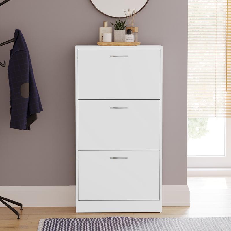 3 Drawer Shoe Cabinet Cupboard Storage Organiser Pull-Down Wooden Hallway Furniture Unit with Stainless Steel Handles Compact Durable Space-Saving Racks