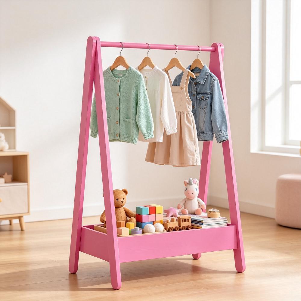 White Solid Pine Wood Kids Clothes Rack with Hanging Rail and Storage Shelf, 99H x 64.5W x 42D cm, Portable Space-Saving Stand for Toys and Footwear, Children's Bedroom Organiser [Plus A Free Gift]