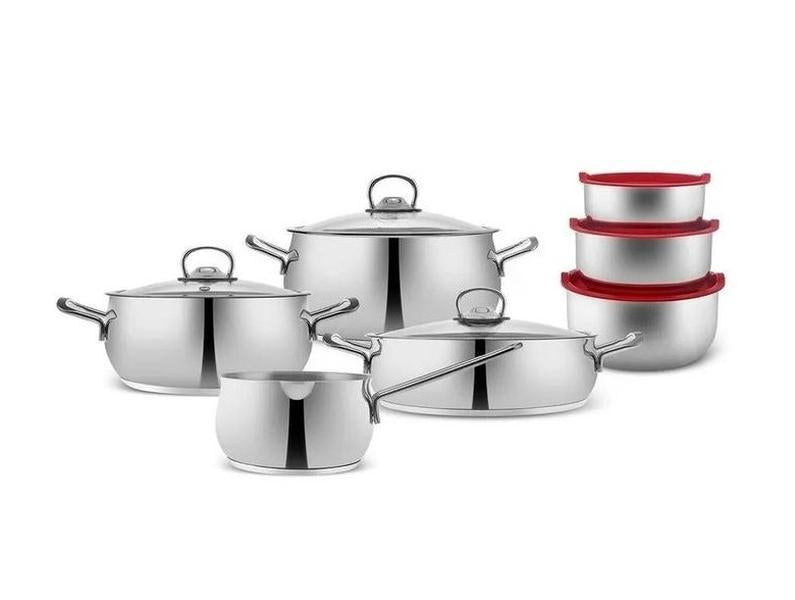 Store 13-Piece Stainless Steel Cookware Set, Even Heat Distribution, Long-Lasting Heat Retention Time-Saving Durable Kitchen Pots & Pans, Heat-Resistant Glass Lids, Induction Compatible, Dishwasher Safe Silver Cooking Ware Set