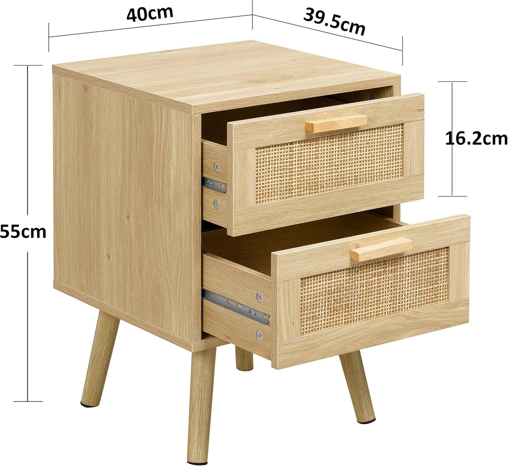 Finnhomy Bedside Tables Set of 2, Side Table with 2 Hand Made Rattan Decorated Drawers, Night Stand Set 2, Wood Nigntstand, End Table with Storage for Bedroom, Natural, 2 Pack