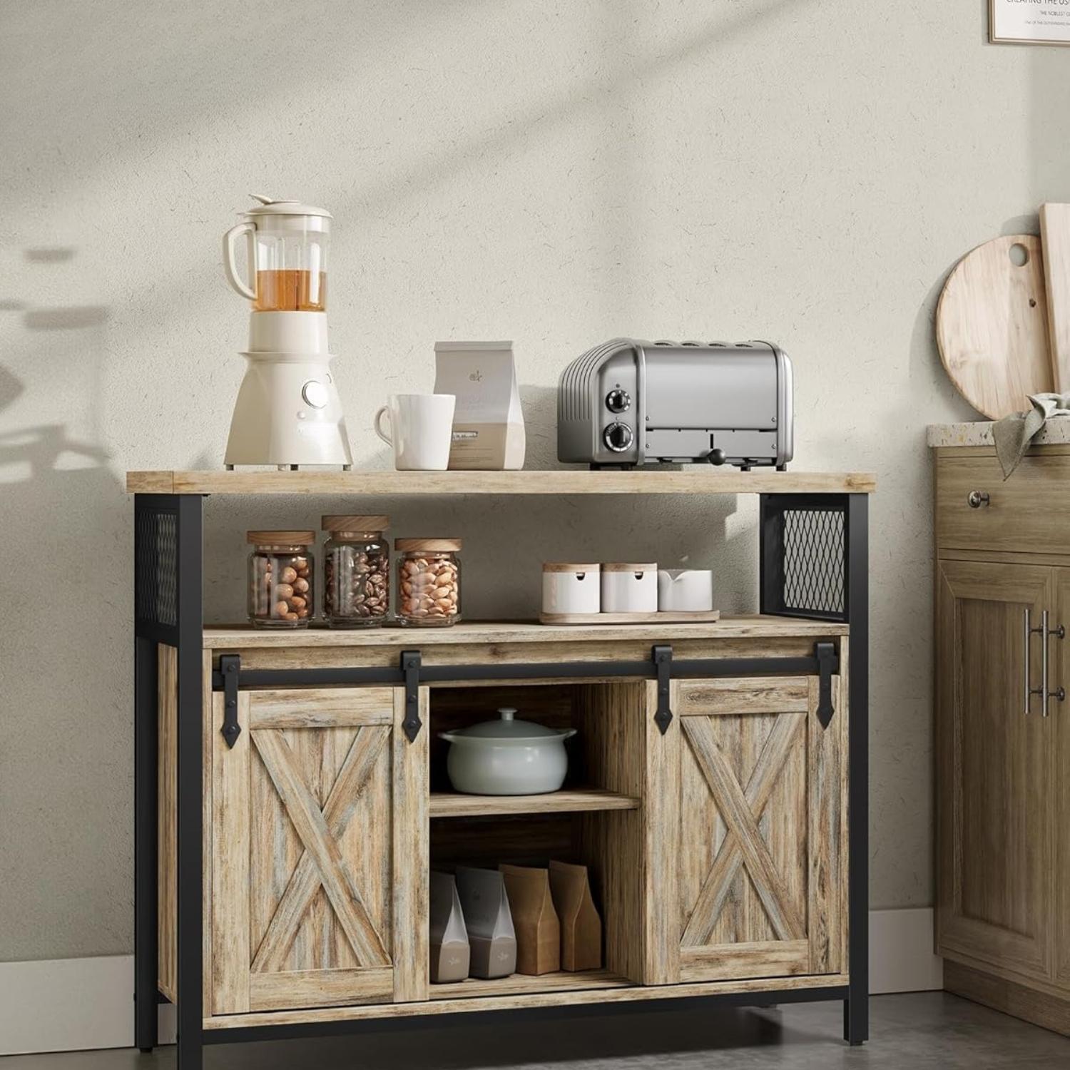 Rustic Wooden Sideboard Buffet Cabinet, Sliding Barn Doors Storage Credenza with Adjustable Shelves & Anti‑Tip Kit, Multipurpose Furniture for Kitchen Living Room Hallway