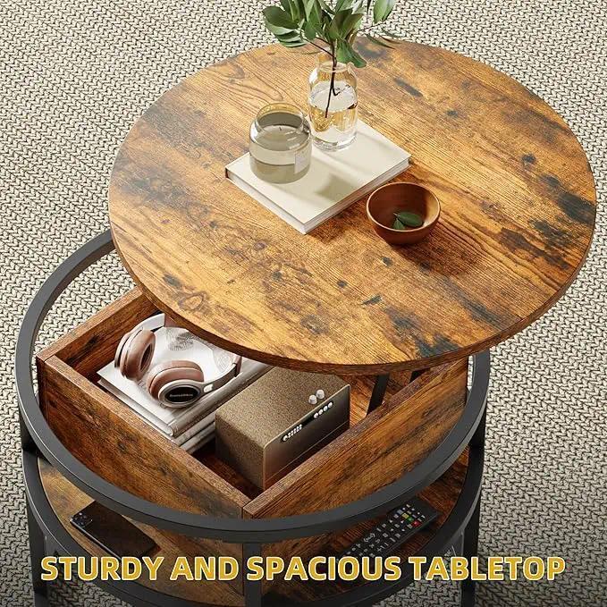 Round Lift Top Coffee Table for Living Room, Rustic Wooden Center Table with Hidden Storage Compartment & Side Open Shelves, Multifunctional Lift‑Up Dining Work Table for Small Space Apartment Home Office