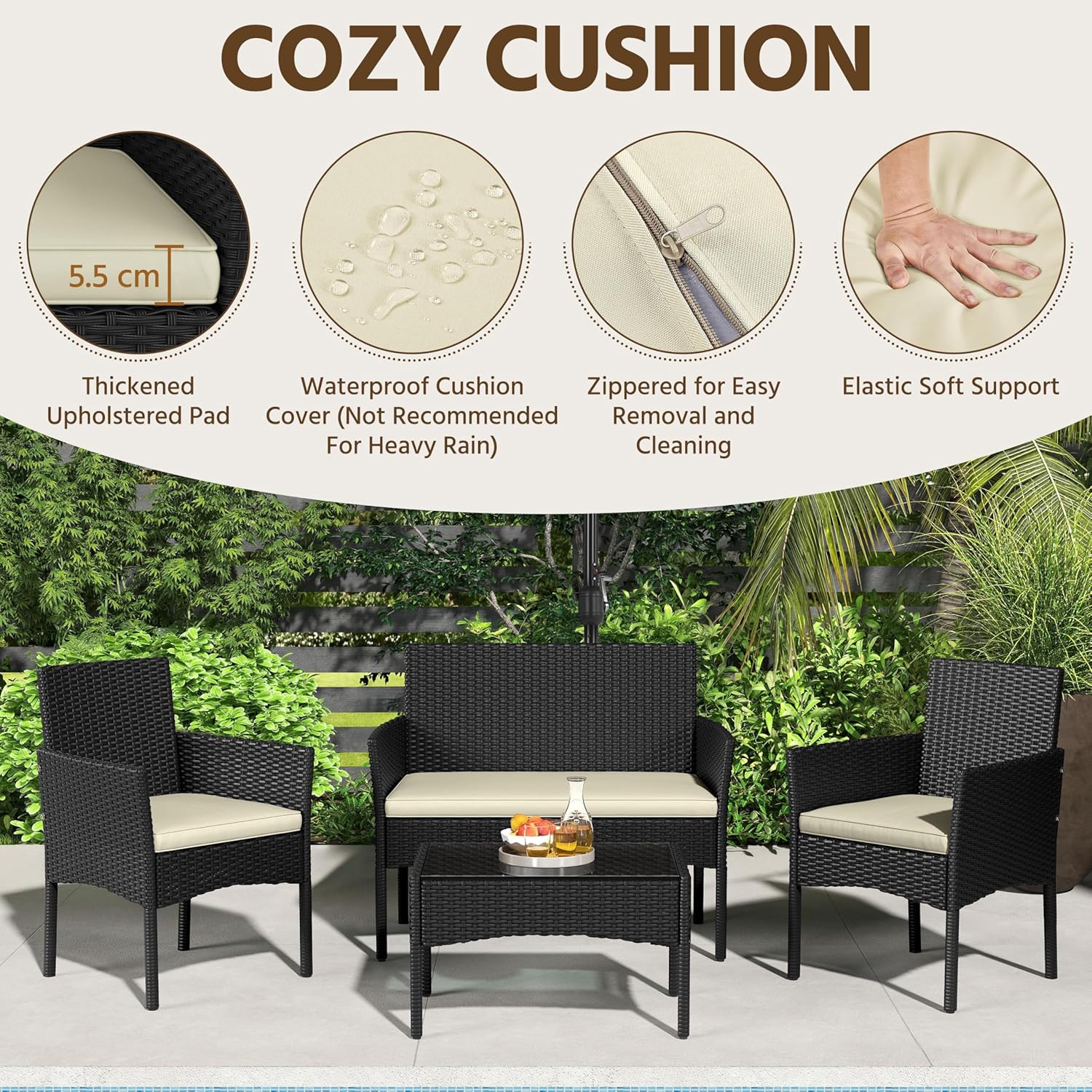 Yaheetech 4-Piece Rattan Conversation Set, Sofa & Glass Table, Black/Beige