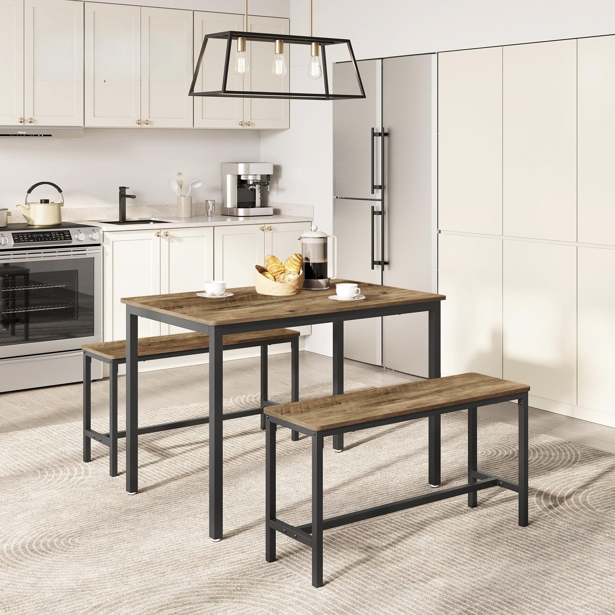 VASAGLE Dining Table with 2 Benches, 3 Piece Set, Kitchen Table of 70 x 110 x 75 cm, 2 Benches of 30 x 97 x 50 cm Each, Steel Frame, Industrial Design, Rustic Brown and Black KDT070B01