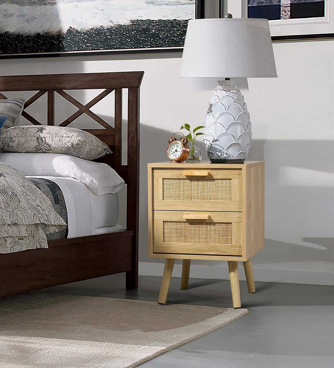 Finnhomy Bedside Tables Set of 2, Side Table with 2 Hand Made Rattan Decorated Drawers, Night Stand Set 2, Wood Nigntstand, End Table with Storage for Bedroom, Natural, 2 Pack