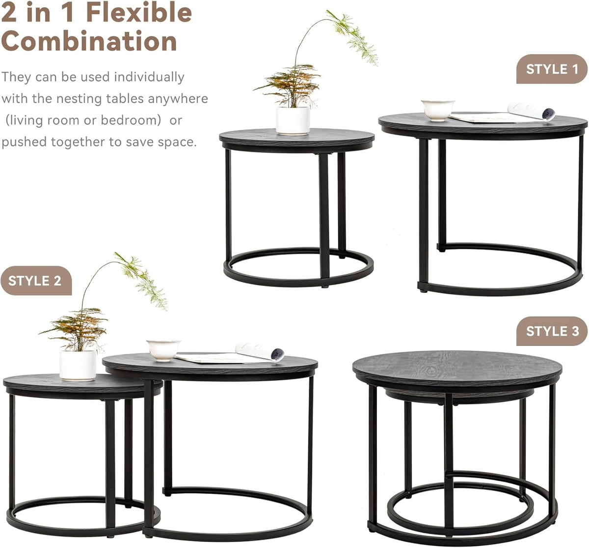 Set of 2 Round Nesting Coffee Tables Multi-Functional Side End Table with Sturdy Metal Frame Space Saving Accent Furniture for Living Room Bedroom Apartment Modern Industrial Minimalist Style