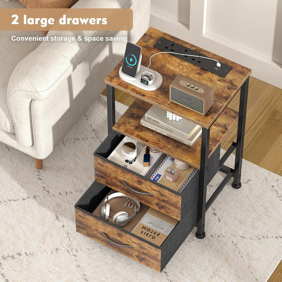 Yornoli Set of 2 Bedside Table with Charging Station 40cm Wide Bed Side Table for Bedroom with Fabric Drawers Small End Tables with Led Lights for Living Room Small Spaces Rustic Brown