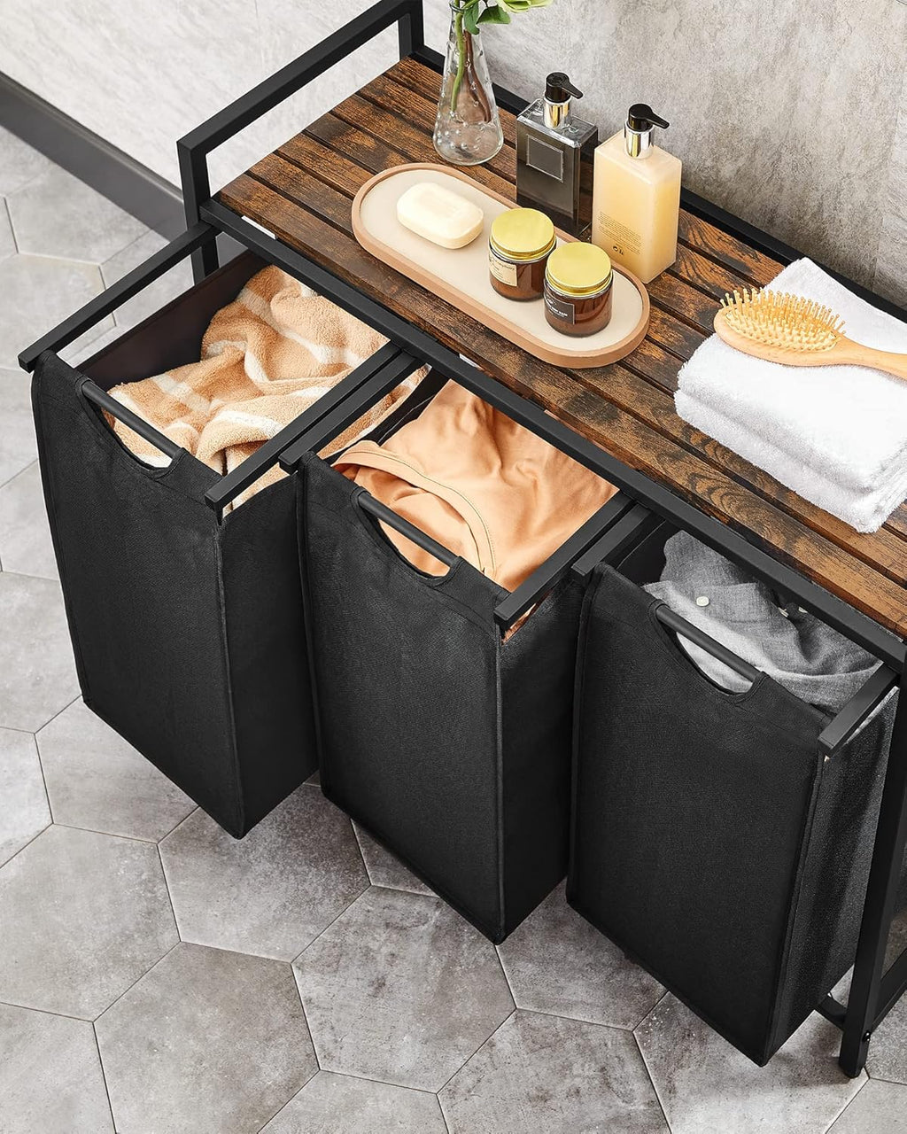 VASAGLE Laundry Basket, 3-Compartment Laundry Hamper, Pull-Out and Removable Liner Bags, Clothes Sorter, Shelf, Metal Frame, 3 x 40 L, 92.5 x 33 x 72 cm, Ink Black and Rustic Brown BLH301B01