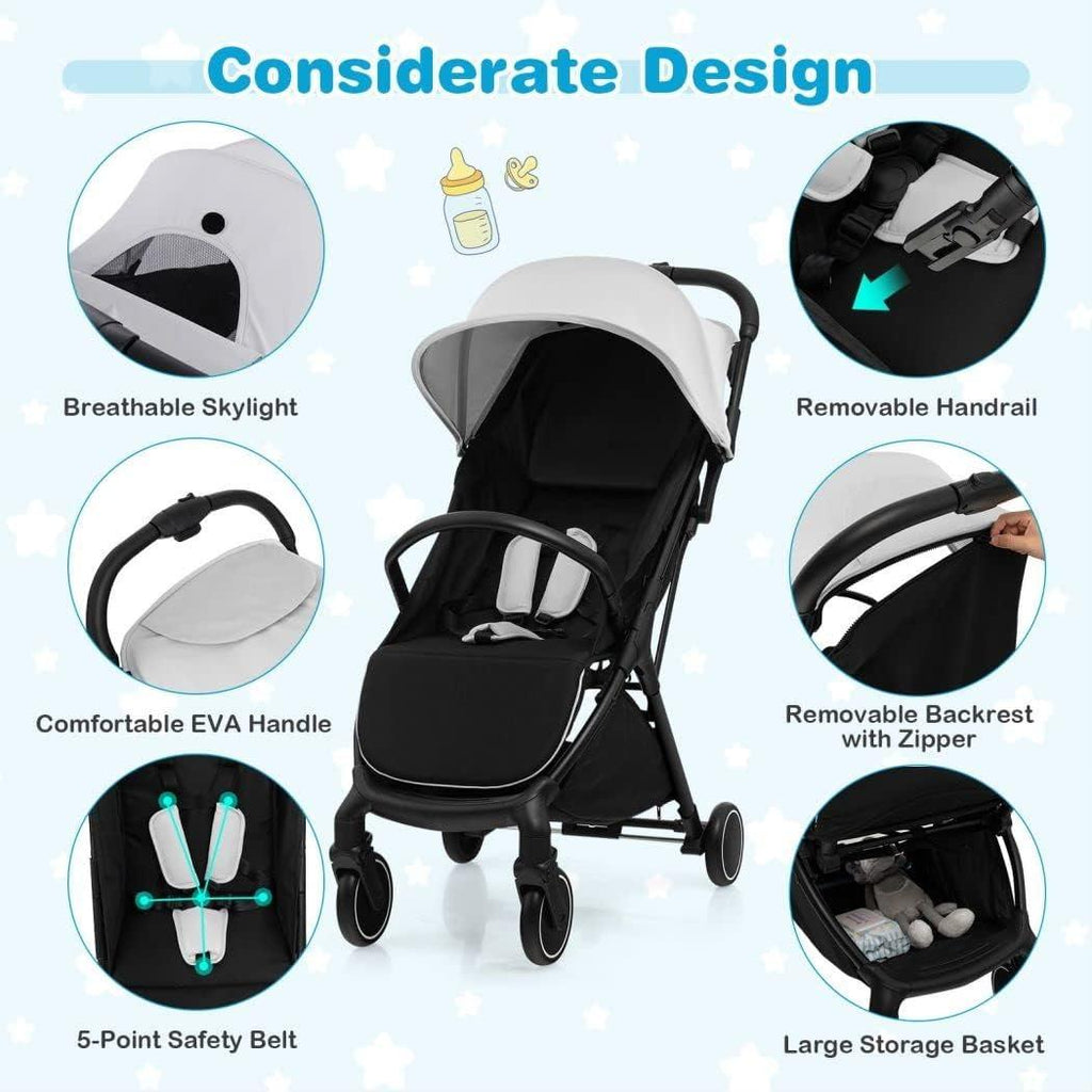 Lightweight Portable Baby Stroller, One-Hand Fold Travel Pushchair with Washable Seat Cover, 5-Point Safety Harness, Adjustable Canopy & Backrest & Footrest, Anti-Slip Brake Travel Buggy for Newborns 0–3 Years