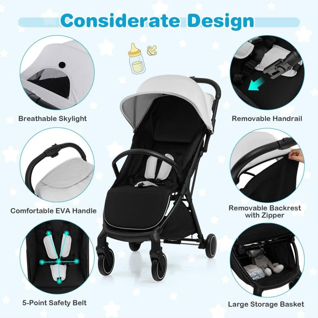 Lightweight Portable Baby Stroller, One-Hand Fold Travel Pushchair with Washable Seat Cover, 5-Point Safety Harness, Adjustable Canopy & Backrest & Footrest, Anti-Slip Brake Travel Buggy for Newborns 0–3 Years