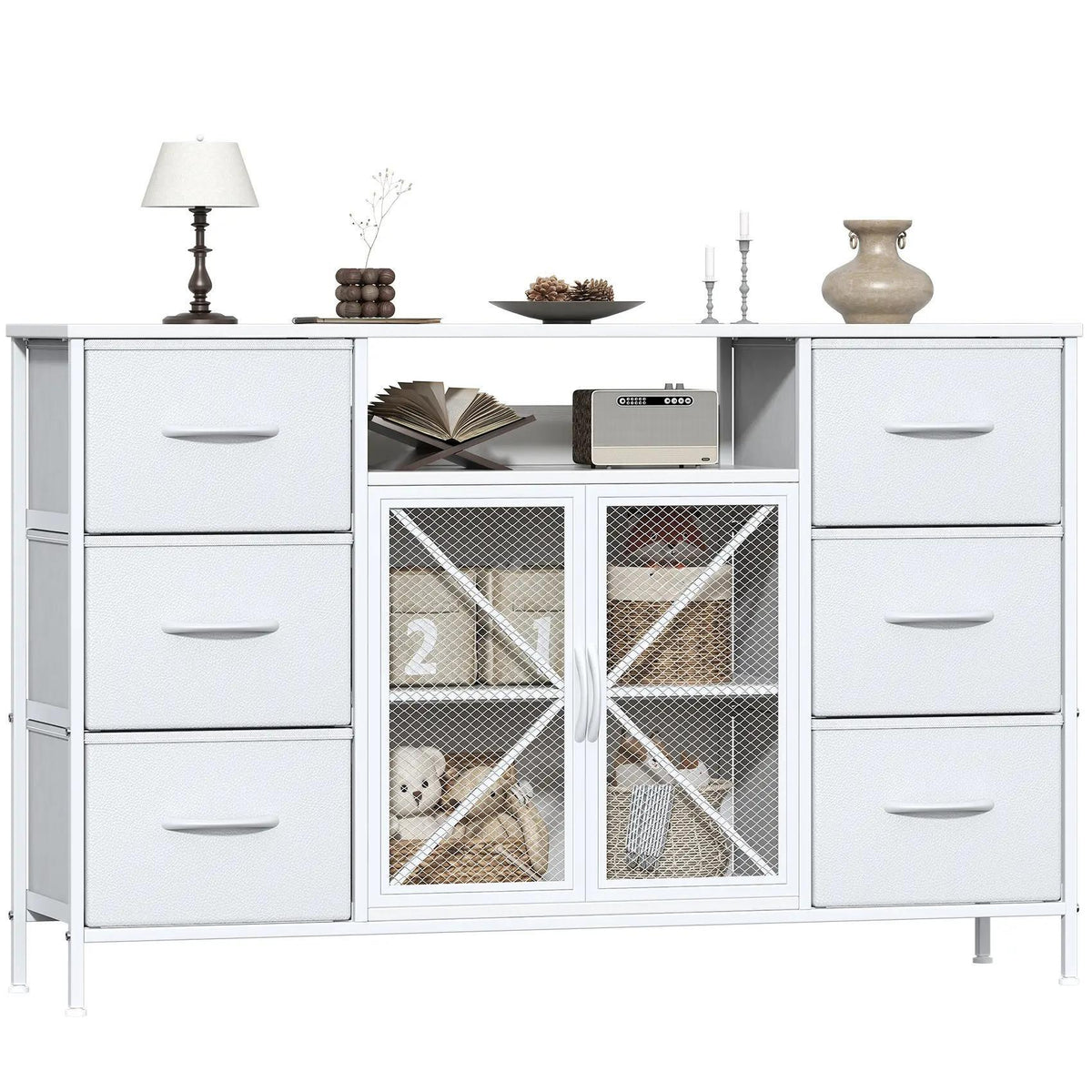Fabric Storage Dresser with 6 Drawers, Sturdy Metal Frame Organizer Chest, Wooden Top & Mesh Cabinet Design, Versatile Home Furniture for Bedroom Living Room Hallway Entryway