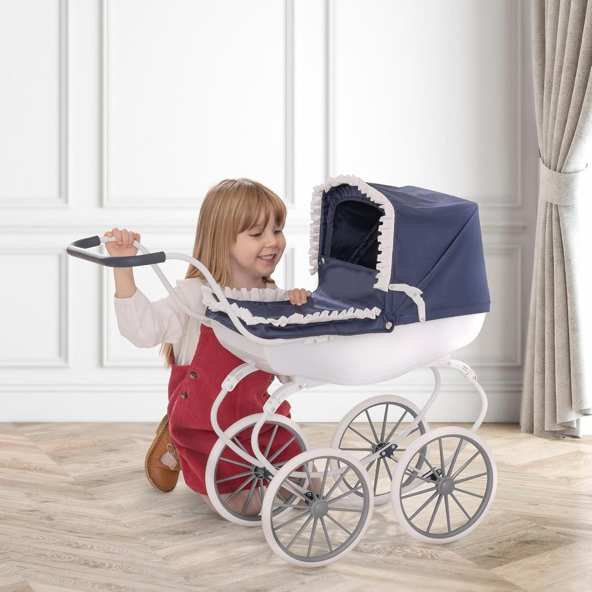【NS】Traditional English Carriage Doll Pram - Heirloom Quality Push Along Toy with White Wheels - For Ages 3+ | Collector's Gift