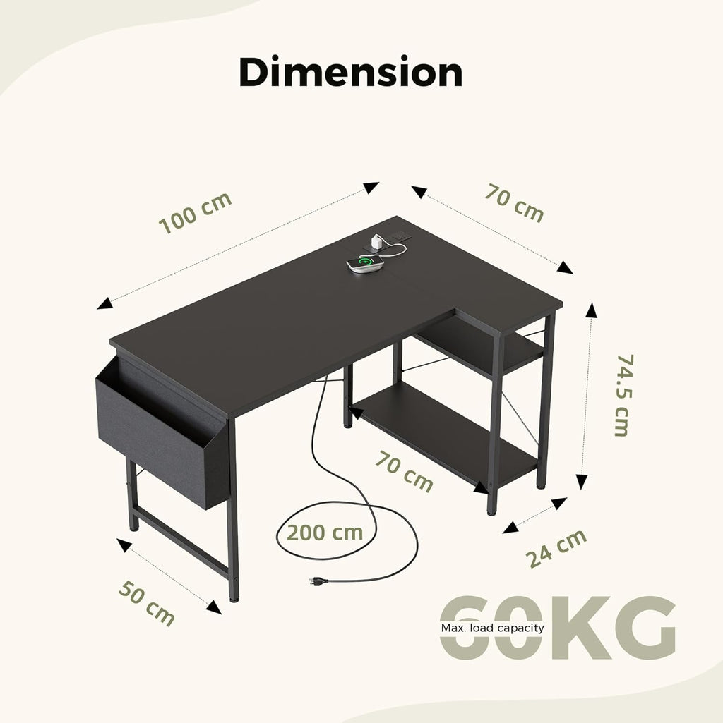 L Shaped Desk, 100 cm Corner Gaming Desk for Home Office, Computer Desk Sturdy Writing Workstation for Small Space, Easy to Assemble, Black