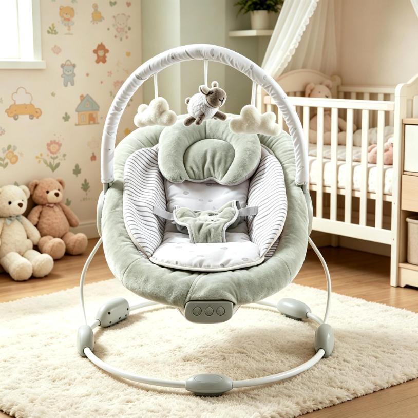 Portable Newborn Baby Bouncer Rocker, Grey Lamb Design Infant Soothing Seat with Soft Cushion, Music & Vibration Function for Baby Infants