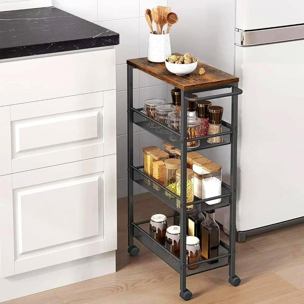 4‑Tier Slim Rolling Storage Trolley Cart, Space‑Saving Utility Organiser Rack with Wheels & Handle, Sturdy Steel Frame Storage Shelf for Small Spaces, Kitchen, Bathroom, Living Room, Studio Apartment