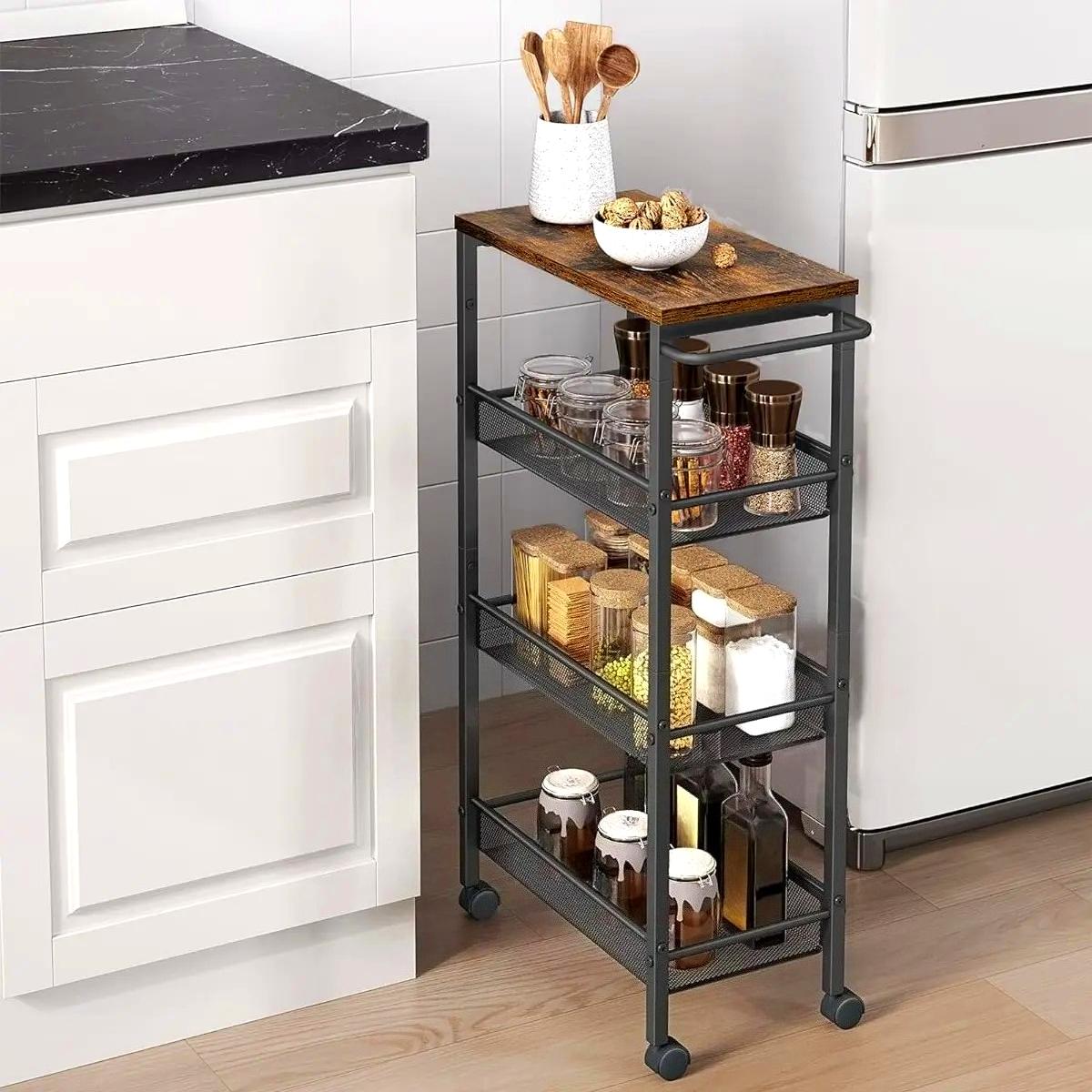 4‑Tier Slim Rolling Storage Trolley Cart, Space‑Saving Utility Organiser Rack with Wheels & Handle, Sturdy Steel Frame Storage Shelf for Small Spaces, Kitchen, Bathroom, Living Room, Studio Apartment