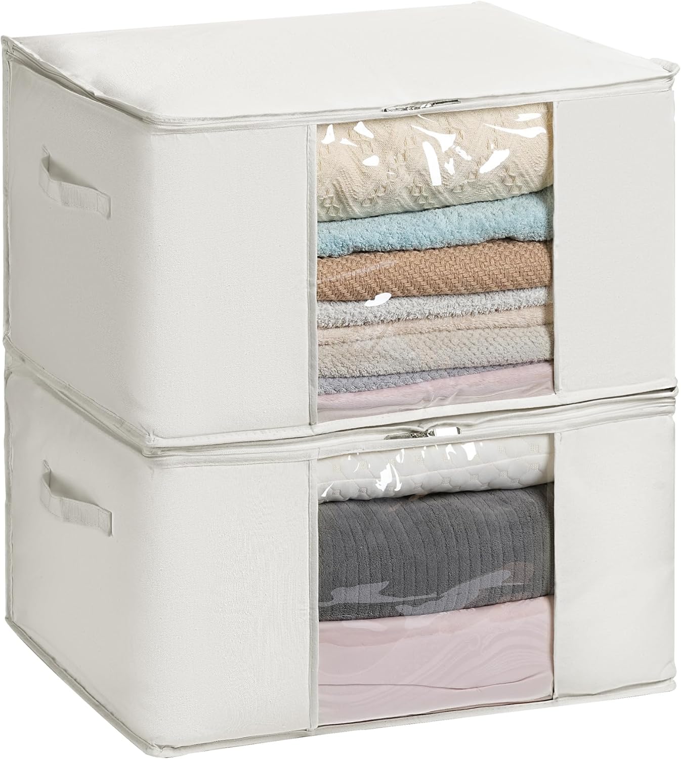 Large Storage Bags with Zip and Clear Window, Cotton Blended Fabric Storage Containers for Seasonal Clothes and Bedding, 60x40x35 cm, 2-Pack, Beige