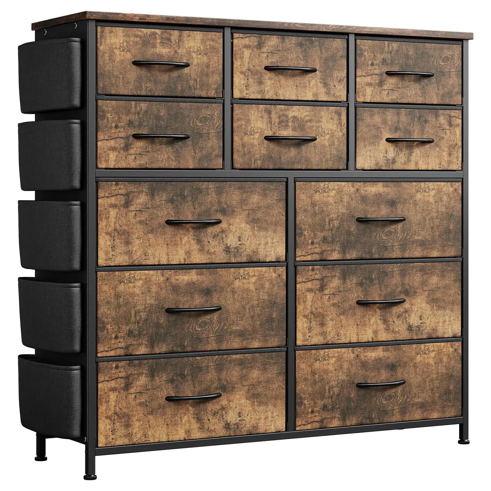 12‑Drawer Fabric Dresser for Bedroom, Chest of Drawers Storage Organizer with Side Pockets & Hooks, Sturdy Steel Frame Dresser Cabinet with Waterproof Wood Top, Multi‑Purpose Storage Unit for Closet, Hallway, Living Room Home Organization