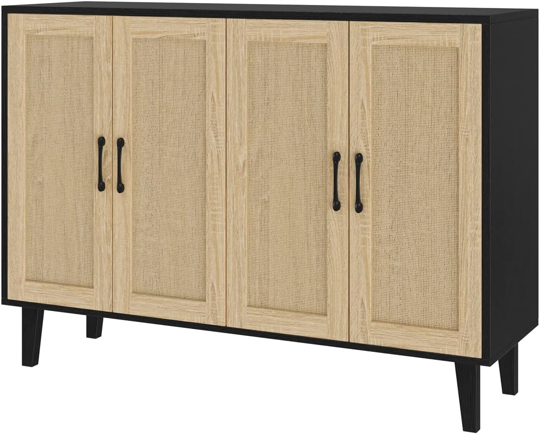 Modern Rattan Sideboard Cabinet, Wooden Buffet Storage Console with Rattan Decor Doors, Versatile Accent Storage Furniture for Kitchen, Living Room, Hallway Entryway