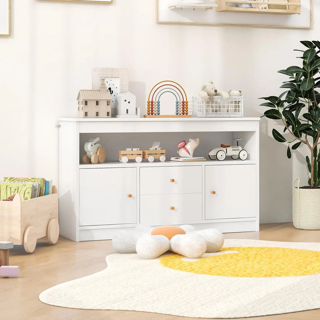 COSTWAY Kids Toy Storage Cabinet, Wooden Playroom Chest with Drawers and Large Open Shelf, Children Room Toys Books Storage Organizer for Boys Girls. For detailed product dimensions, please refer to the size chart in the product description.