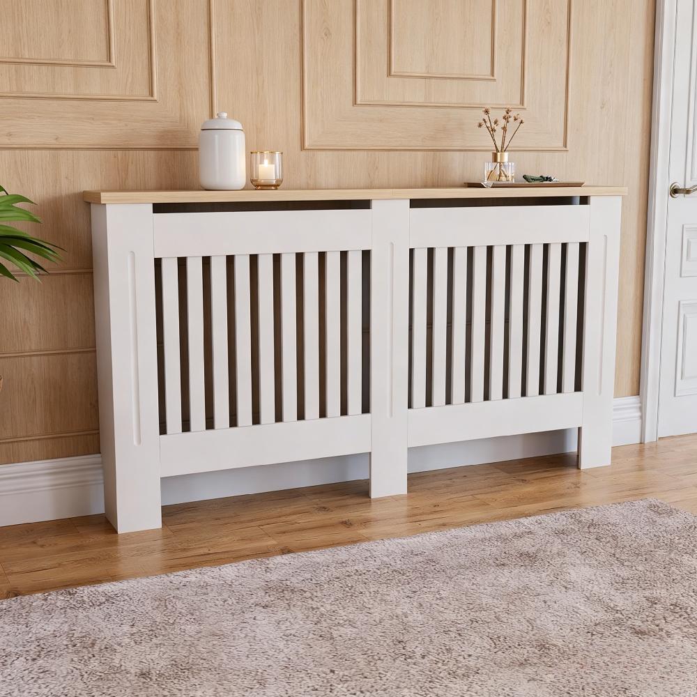 Modern White Radiator Cover, Painted MDF Cabinet with Slats and Grille, Wooden Top Shelf for UK Home [Plus A Free Gift]