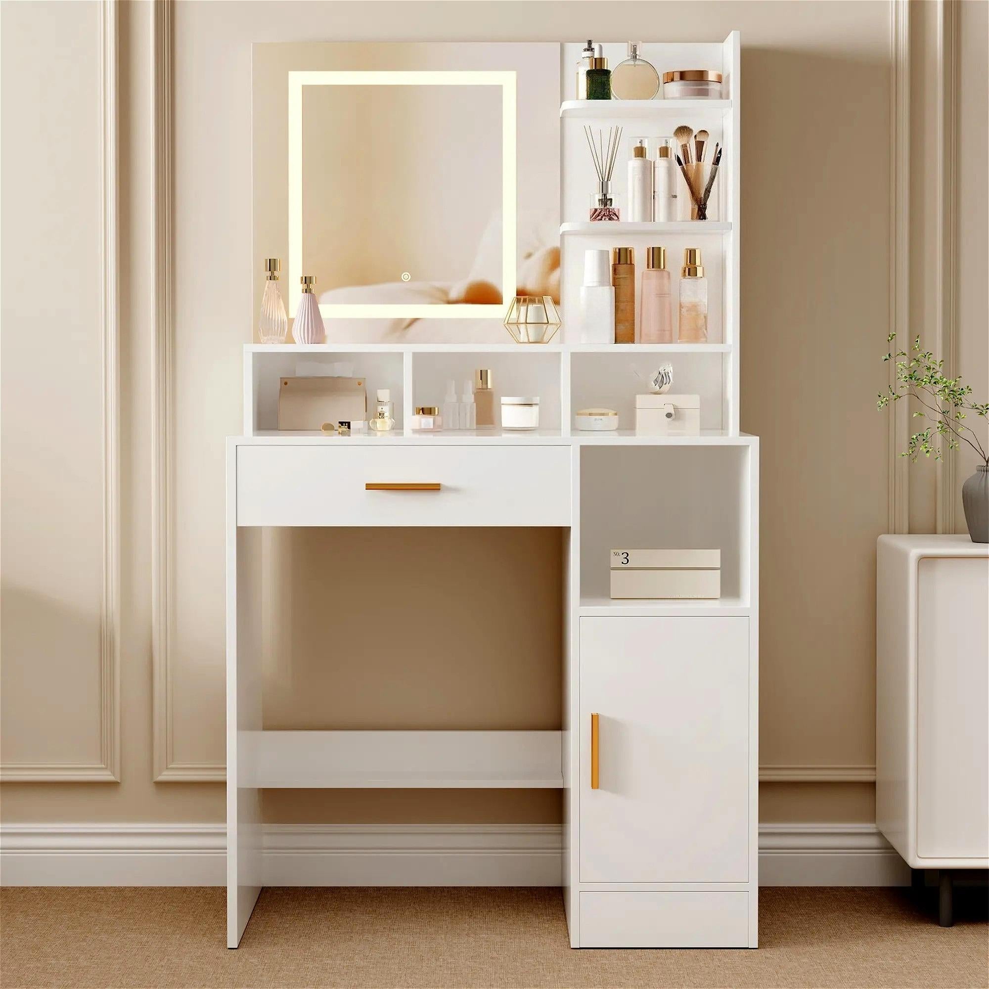Modern Dressing Table, Vanity Desk with LED Lighted Mirror & Drawers, Touch‑Control 3 Color Modes Brightness Adjustable Makeup Table, Large Open Storage Shelves Cabinet, Cosmetic Vanity Desk for Bedroom