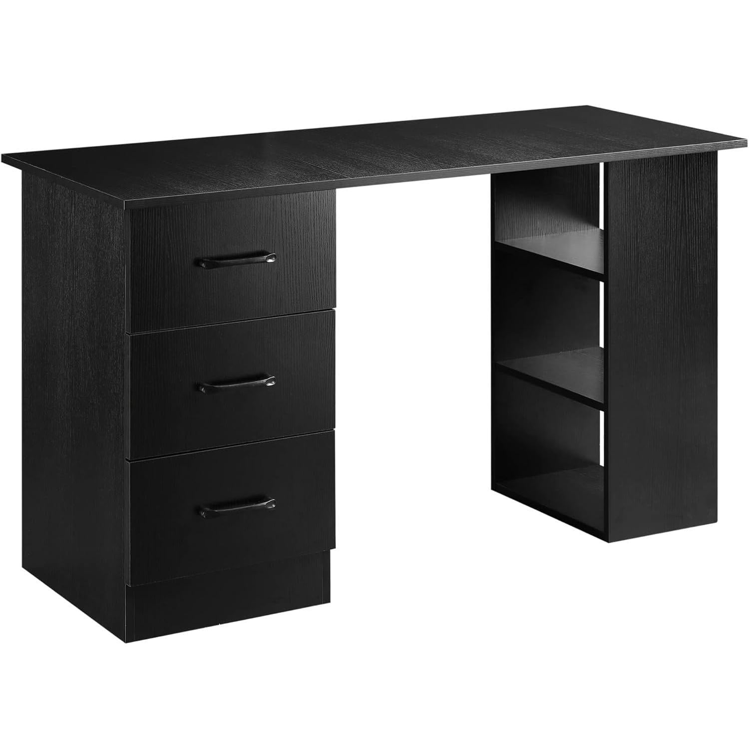 【NS】Computer Desk, Writing Table, PC Workstation with 3 Storage Shelves and Drawers, Silver Handle, for Home Office, White