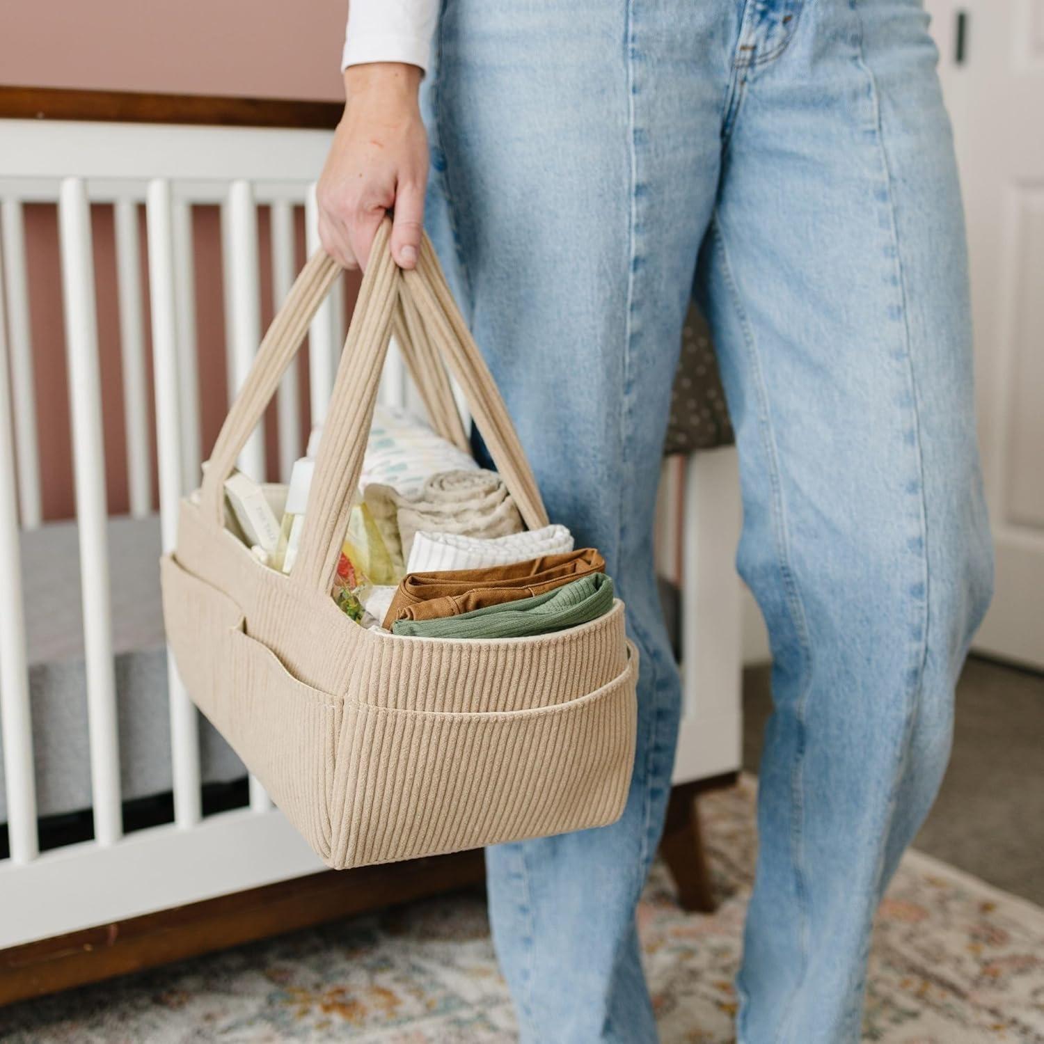 Baby Diaper Caddy Organizer for Changing Table – Stylish Nursery Storage Basket, Newborn Essentials, Baby Shower Gifts and Registry Must-Haves for Boy or Girl, Car Diaper Caddy, Corduroy Mocha