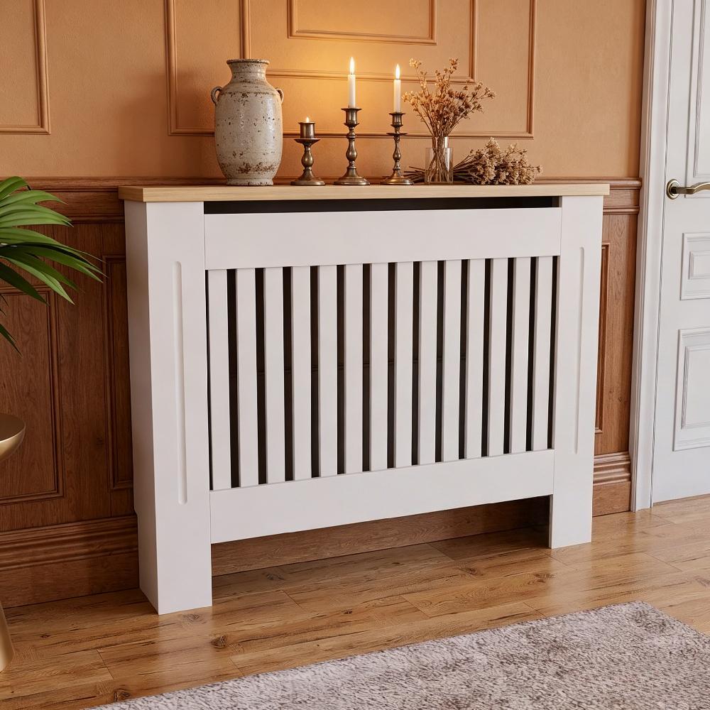 Modern White Radiator Cover, Painted MDF Cabinet with Slats and Grille, Wooden Top Shelf for UK Home [Plus A Free Gift]