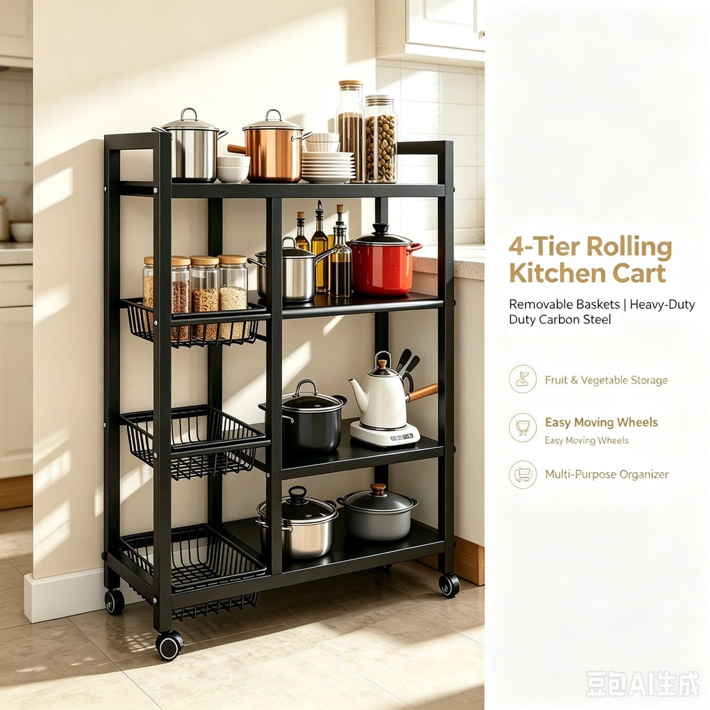 4‑Tier Heavy‑Duty Metal Kitchen Storage Cart Trolley with Wheels, Removable Fruit & Vegetable Baskets, Rolling Utility Organizer Rack, Multi‑Purpose Storage Shelf for Home Kitchen