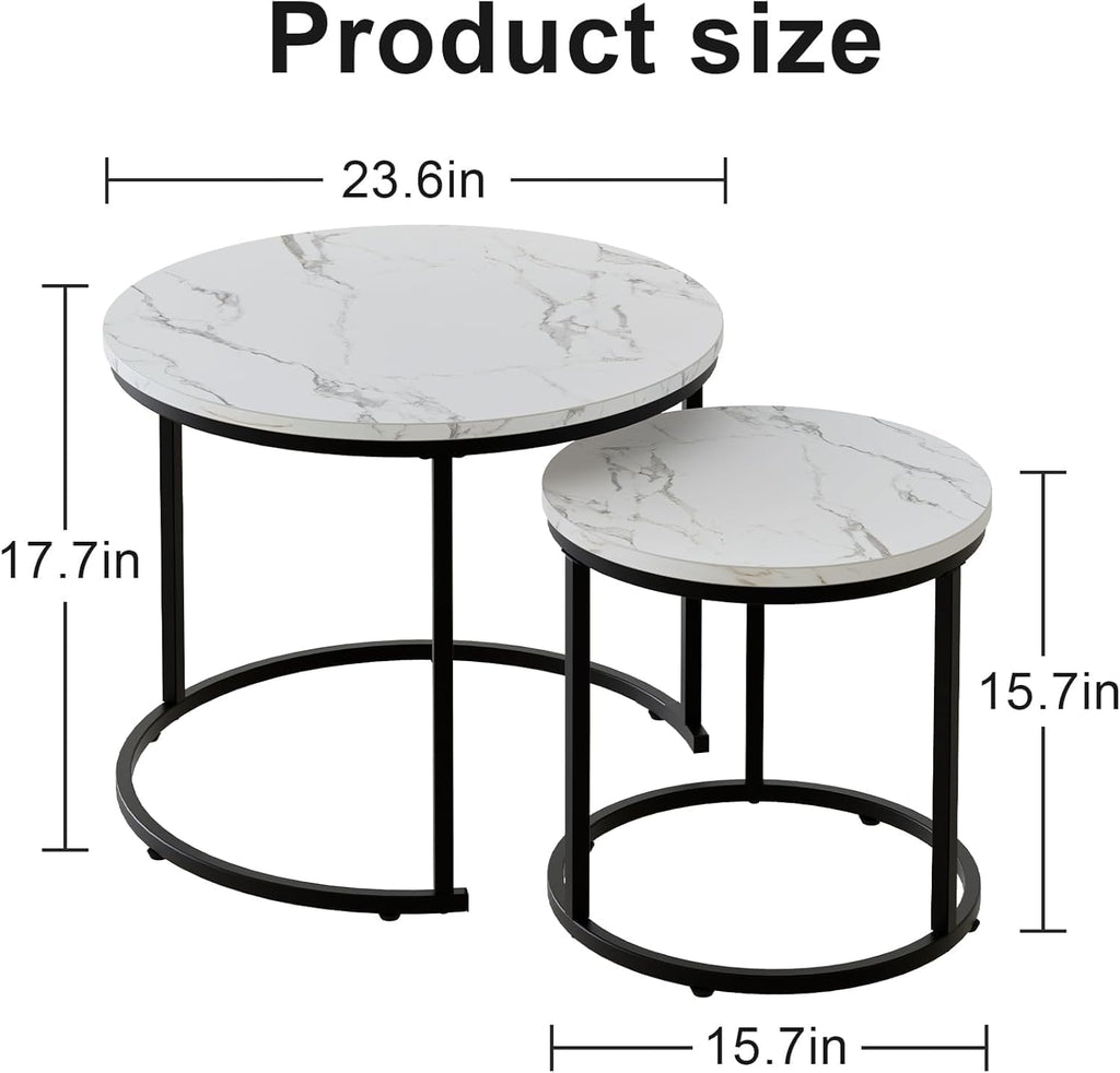 Marble Nesting Coffee Table Set for Living Room, Round Metal Frame Center & End Tables for Small Space, Bedroom, White & Black, 60x50cm