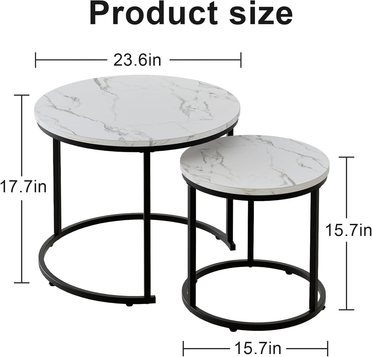 Marble Nesting Coffee Table Set for Living Room, Round Metal Frame Center & End Tables for Small Space, Bedroom, White & Black, 60x50cm