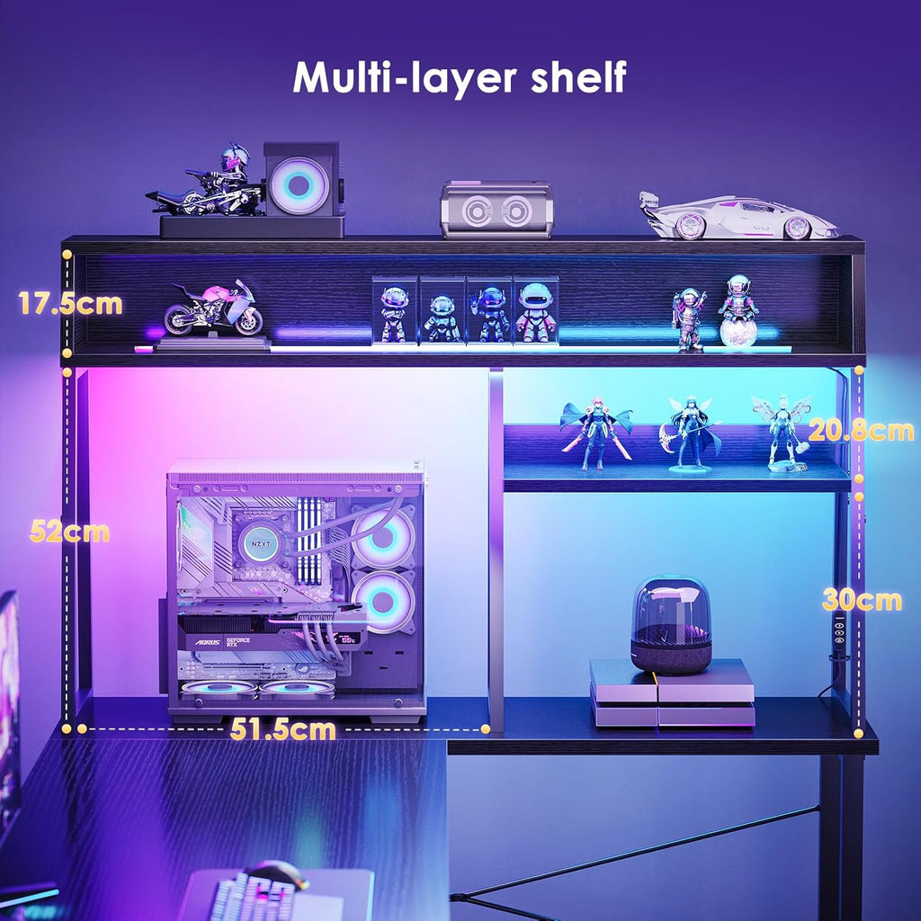 L Shaped Gaming Desk with Led Lights,  Reversible Corner Computer Desk with Display Shelves, PC Gaming Table with Storage Bag Black