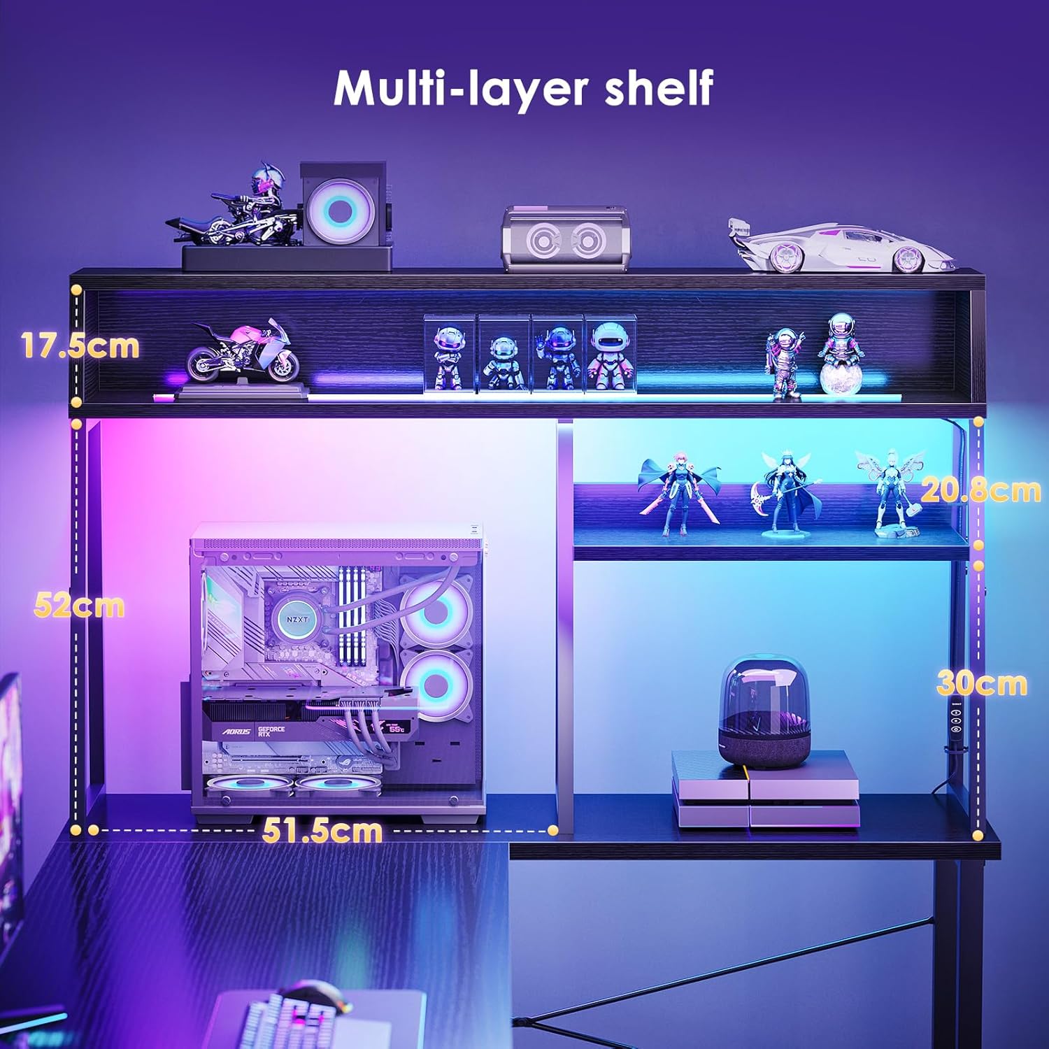 L Shaped Gaming Desk with Led Lights,  Reversible Corner Computer Desk with Display Shelves, PC Gaming Table with Storage Bag Black