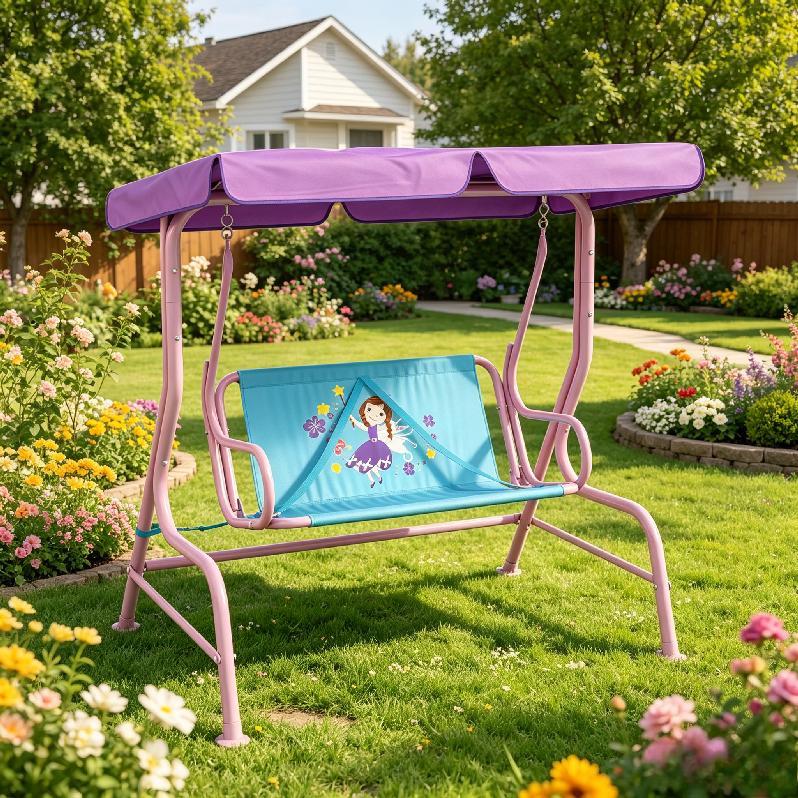 Fairy Themed Double Kids Swing Chair with Adjustable Canopy & Safety Seat Belts, 2-Seat Outdoor Garden Swing Bench for Patio Porch Backyard, Suitable for Boys Girls Ages 3-6 Years