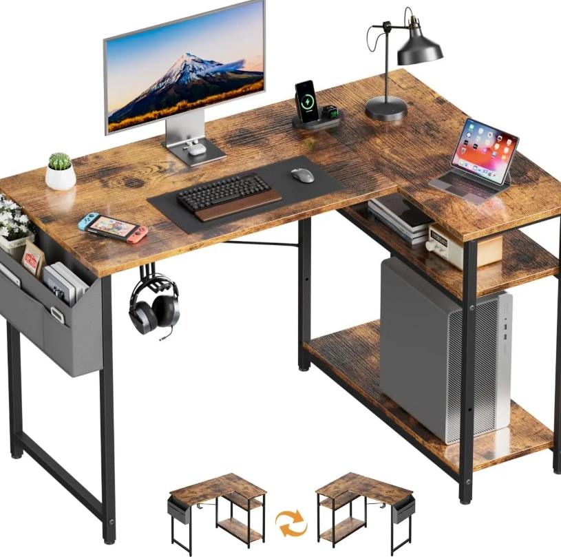 Small L‑Shaped Corner Gaming Desk, Reversible Storage Shelves Computer Desk with Storage Bag & Headphone Hook, Home Office Workstation for Study Writing Gaming