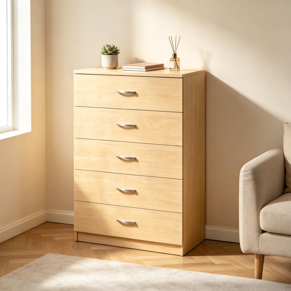 5-Drawer Chest of Drawers with Sturdy Metal Handles, Smooth Metal Runners, Anti-Bowing Support, Ideal for Bedroom and Nursery Storage [Plus A Free Gift]