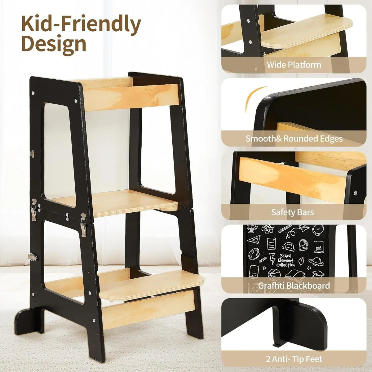 3-in-1 Toddler Learning Tower Step Stool & Mini Desk with Safety Rail and Black & Whiteboard for Kitchen Counter